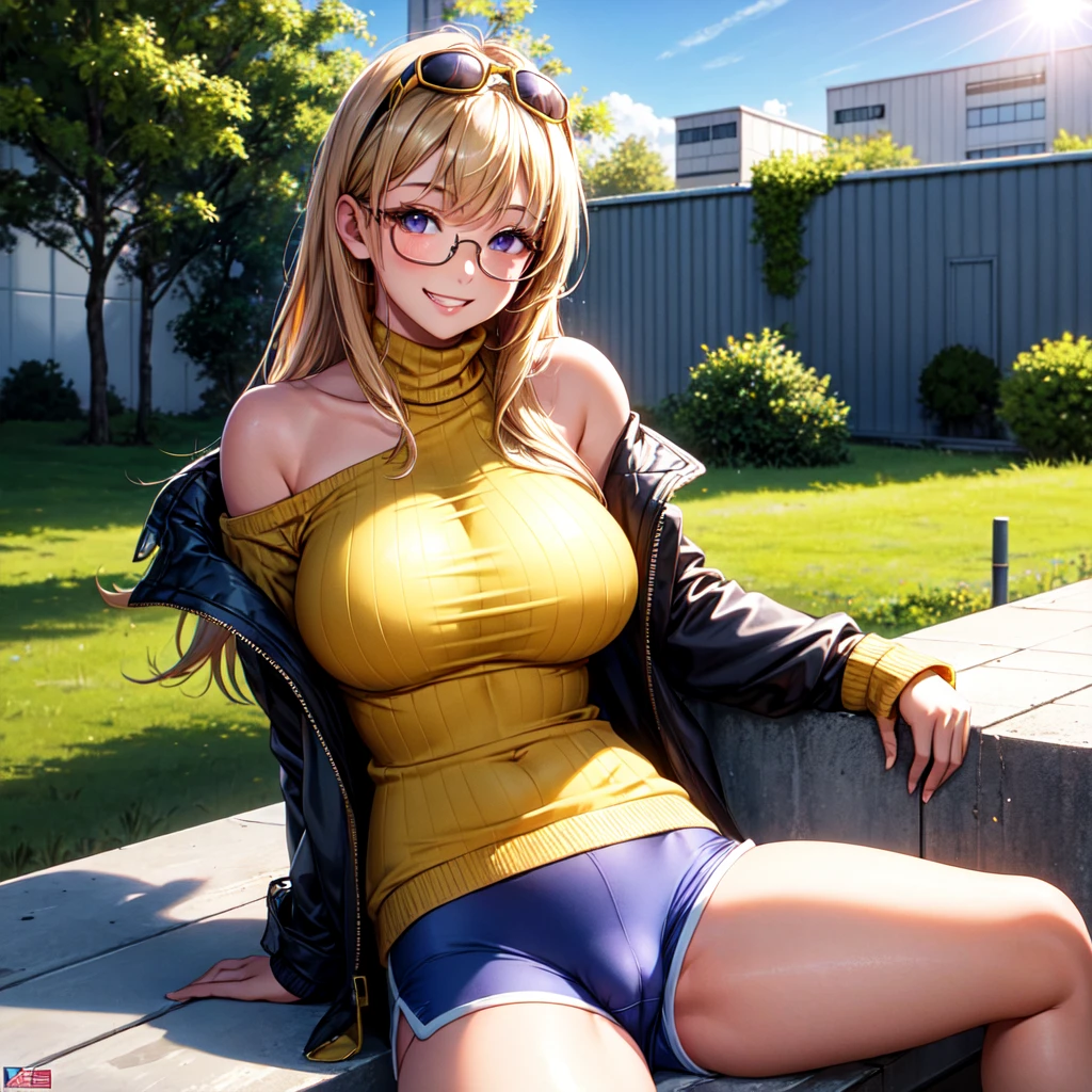 ((best quality)), ((masterpiece)), (detailed), off-shoulder sweater, Transparent body, Visible veins, Highly detailed, Upper body, one girl, young Korean woman with yellow sandy hair, beautiful Korean face, tanned skin of a dark, bronze hue, huge chest, predatory grin, smile of dangerous temptation, dressed in an open military jacket with rolled up sleeves, no underwear, yellow glasses on her head, pussy visible through white tight shorts and panties, sitting on the roof of a warehouse with ammunition, against the backdrop of a forest and bright sun, next to there is a bulletproof vest and a SCAR machine gun,