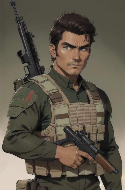 Mexican man, dark brown hair and green eyes. He has a well-equipped military suit and a bulletproof vest.. He has a rifle in his hands, serious countenance.