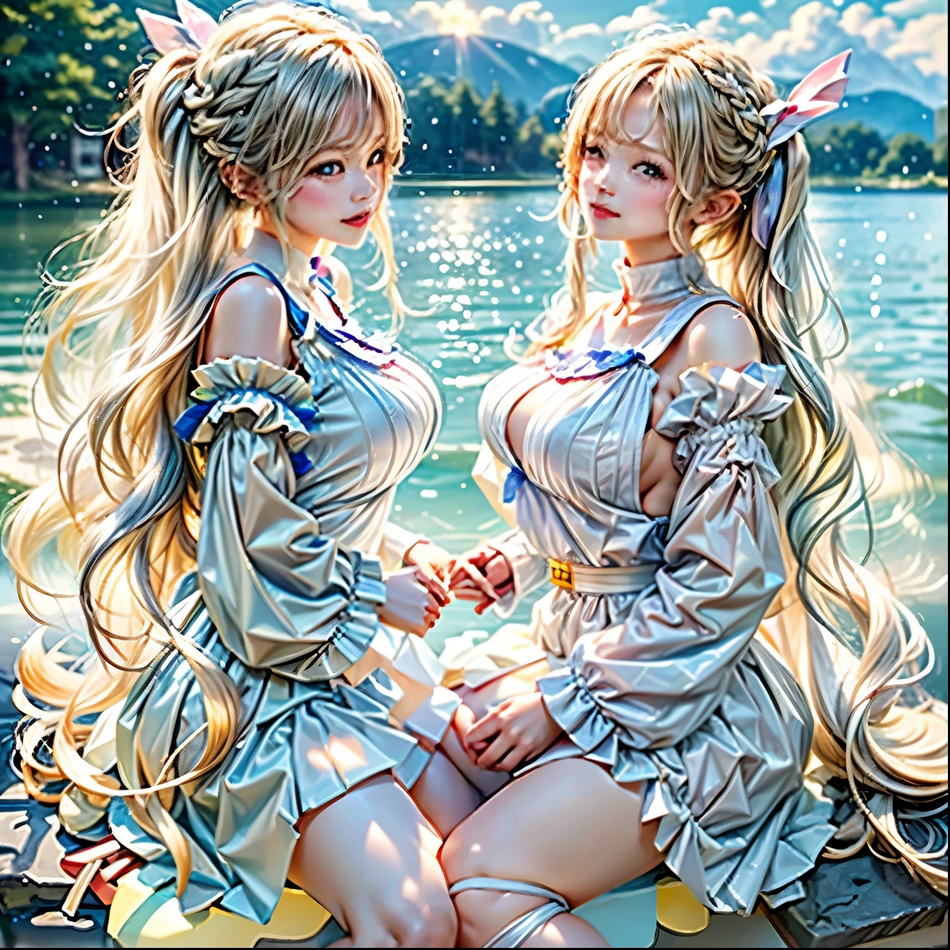 SFW, ((David Hamilton:1.37, White and RainbowColors))、Extremely Detailed (PUNIPUNI Oppai Twins), ((Just a heads above the Lake)), {(Kissing face to face) Against the Nipples to Nipples Pressing hard| ZoomedOut }、{(Floating hair with Strong wind)|French Braid|bun}, 