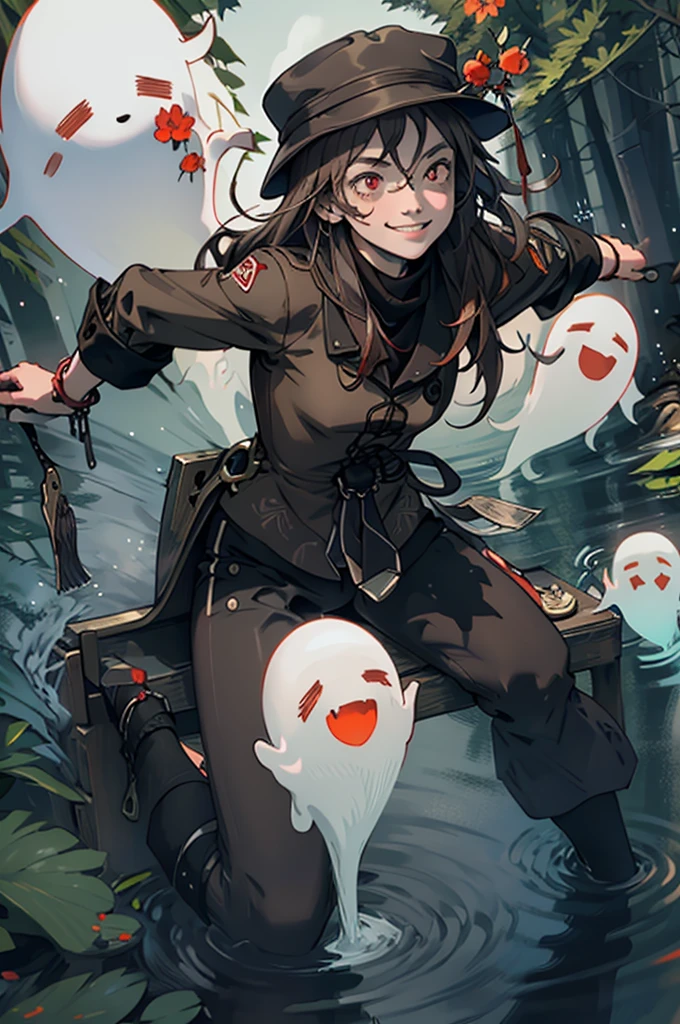 1 girl solo, brown jacket, long brown hair, red eyes, brown hat with red flowers, white ghost smiling, outside in a swampy forest at night, swamp lights, ghost figures around, blue lights flying in the air, will-o-the-wisp