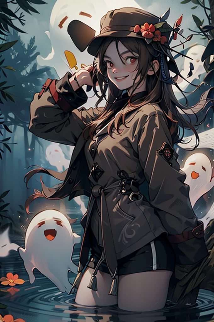 1 girl solo, brown jacket, long brown hair, red eyes, brown hat with red flowers, white ghost smiling, outside in a swampy forest at night, swamp lights, ghost figures around, blue lights flying in the air, will-o-the-wisp