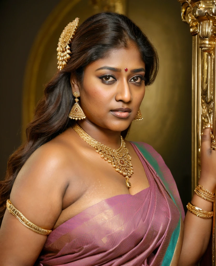 Looks like Nayanthara, thick figure, bulky figure, fleshy figure, black lips, beautiful hypnotizing gazing eyes, Full figured woman, heavy figure, attractive, gorgeous, stunning beauty, milf, 50 years old Woman, attractive body, araffe woman in a gold sari posing for a picture, chocolate skin, skin pores, sweat, incredible skin texture, wearing gold jewellery, photo of a hand jewellery model, sexy girl with dark complexion, indian girl with brown skin, traditional beauty, wearing elegant jewellery, traditional makeup, with small studded earings, indian goddess, indian, intricate thin details in gold, gold jewellery, modeling shoot, 7 0 mm portrait, dramatic lighting, cinematic colour grading, 