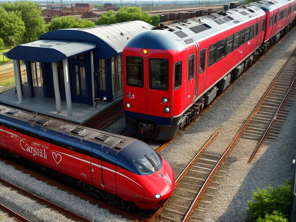 a modern train rushes along the rails with an image of a heart on the carriages and on the locomotive