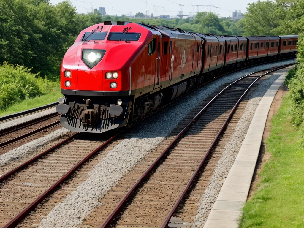 a modern train rushes along the rails with an image of a heart on the carriages and on the locomotive