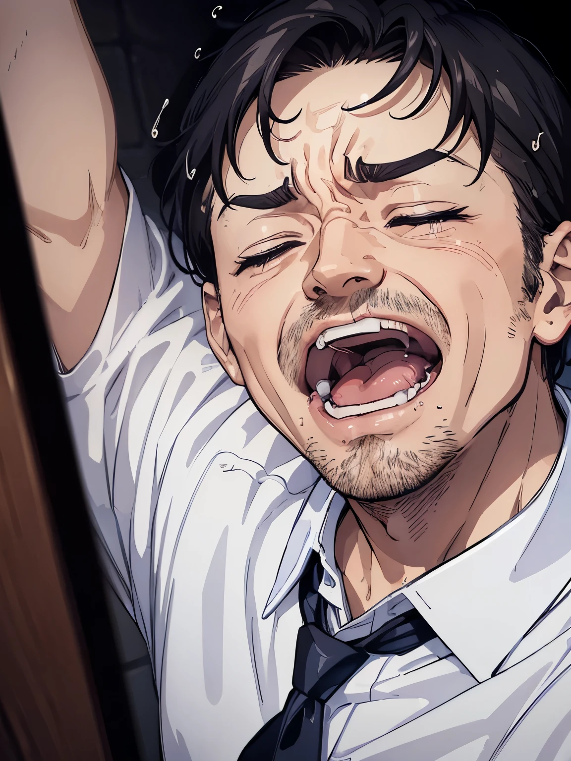 ((Orgasm facial expression of a middle-aged man))、((The moment of ejaculation))、Detailed facial expressions、White Y-shirt and tie、A dark and suspicious toilet at night、(Eyes closed and mouth open)、