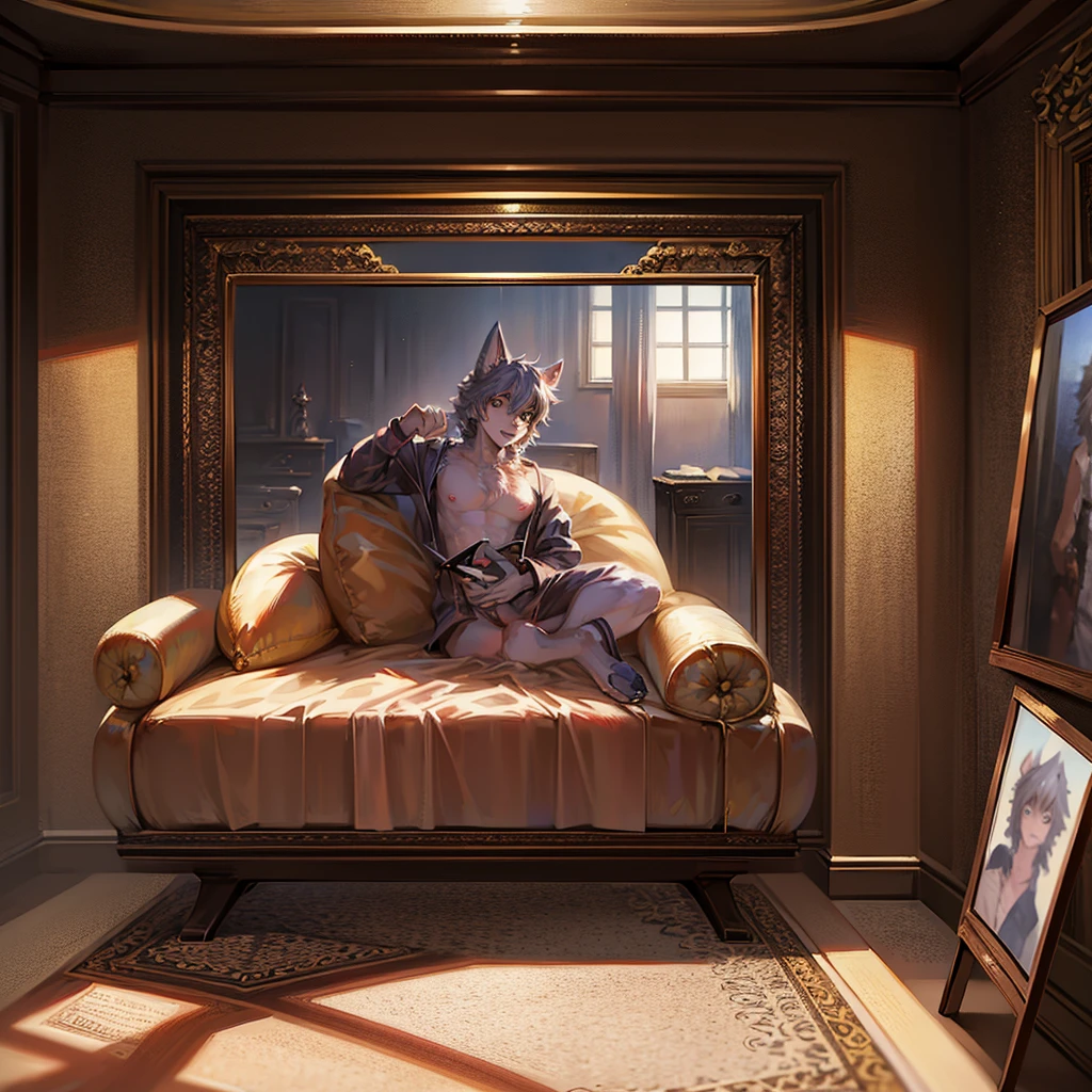 **Prompt:** A beautiful, (masterpiece), high quality, perfect lighting, highly detailed CG Unity 8k wallpaper, high resolution, perfect lighting, youthful, adolescent, tall, slim, skinny, frail slender figure, slim legs, distinctly feminine figure, narrow hips, long legs, close-up shot of a unique female leopard character. She has sleek, golden-yellow fur adorned with intricate rosette patterns in deep black, giving her a striking and exotic appearance. Her hair is long, flowing, and jet black, cascading down her back and partially covering one side of her face. Her eyes are a deep, enchanting green, filled with a mysterious allure.
She is dressed in a sensuous, elegant outfit: a form-fitting silk camisole in deep emerald green with delicate lace trim, paired with a sheer, flowing wrap that drapes over her shoulders and arms, adding a touch of sophistication and grace. Her accessories include a pair of dangling silver earrings, a thin, diamond-studded choker, and a delicate silver bracelet. She holds a single, deep red rose in one hand, its petals soft and velvety against her fur.
The character is posed reclining on a luxurious, plush chaise lounge upholstered in rich velvet. One leg is elegantly draped over the side, while her other leg is bent slightly at the knee. Her free hand rests lightly on the back of the chaise, fingers gently curled. Her expression is soft and inviting, with a slight, knowing smile and half-closed eyes that exude a sense of calm and sensuality. The background is softly blurred, with hints of a lavish, dimly lit room adorned with rich fabrics and ornate decor, creating an intimate and romantic atmosphere that enhances the character's allure and the captivating mood of the scene.