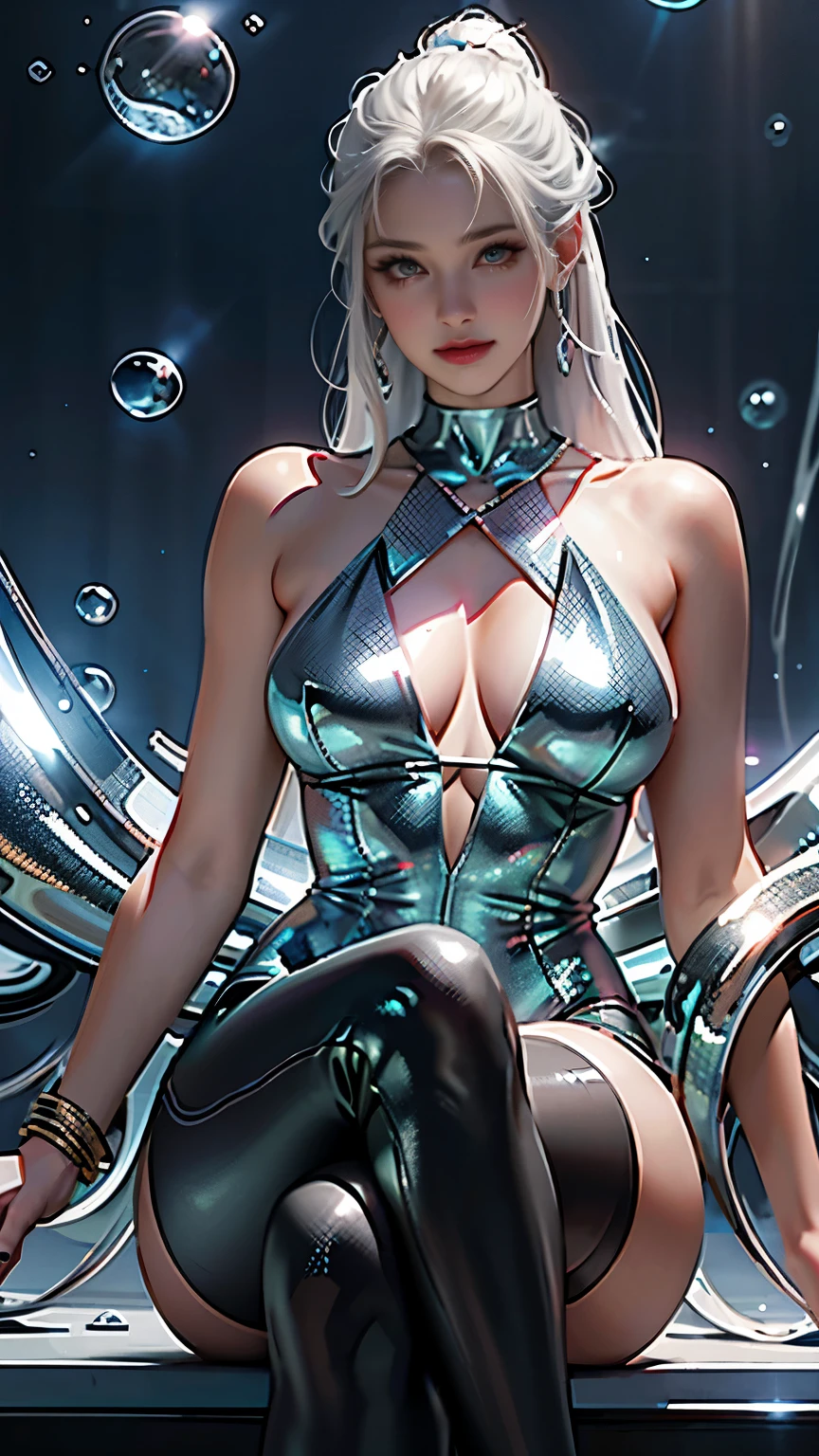 highest quality, masterpiece, Realistic,  smile、Adult women、 Metallic Dresses, Messy [Updo|Hanging] hair,  alone,   Detailed Background, Detailed face, Sc3pt4, Sci-Fi Theme:1.1), Mercury Wizard, melancholic, Surrounded by iridescent silver waves, Image of alchemy, reflection, silver liquid, Metallic luster, Shiny, Dynamic pose, Fluid movement, Suspended particles, Drops of mercury, Flowing Metal, Mercury Blend, Galactic spaceship in the background, Dripping mercury layer, Volumetric lighting, Cinematic atmosphere, Sharp details, Skin with attention to detail, Realistic skin texture, （Adult sexiness）、（Sexy thighs、Sleeveless Metal Suit）、Composition above the knees