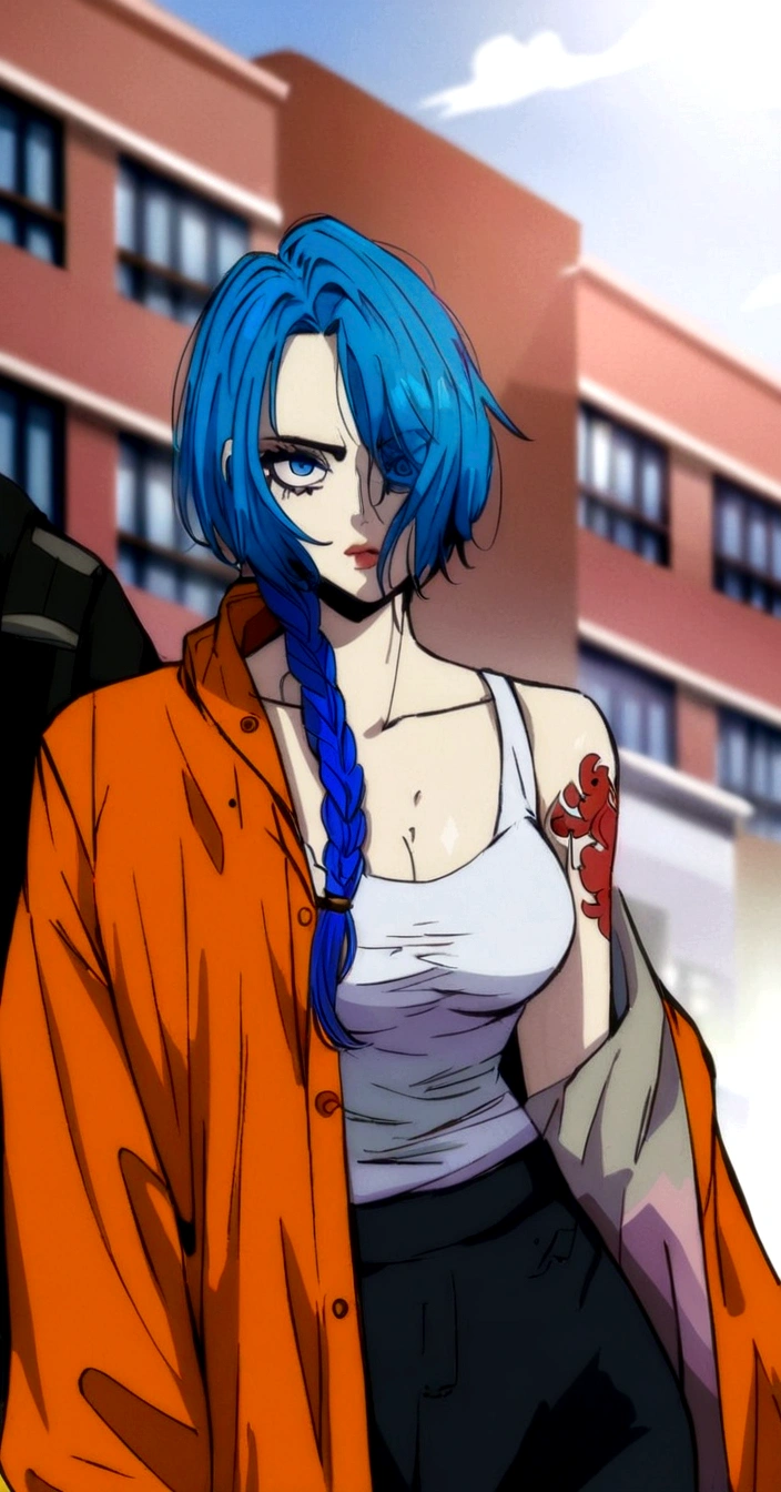 anime girl with blue hair and orange jacket standing in front of a building, urban girl fanart, badass anime 8 k, chloe price, modern cyberpunk anime, 2 d anime style, 4 k manga wallpaper, anime style 4 k, girl with blue hair, high quality colored sketch, cyberpunk anime girl, digital cyberpunk anime art, in anime style, anime style. 8k