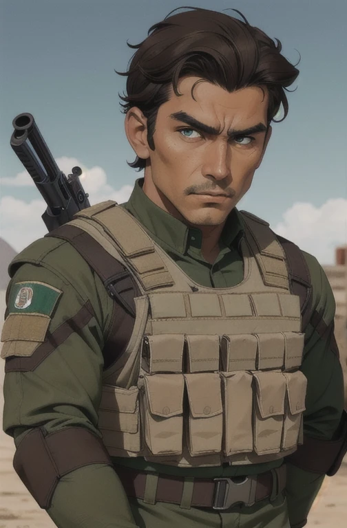 mexican man, dark brown hair and green eyes. He has a well-equipped military suit and a bulletproof vest.... He has a rifle in his hands, serious countenance.