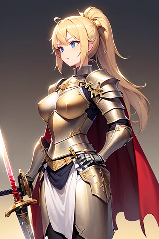 solo,masterpiece, extra limbs, 1lady, 25 years old, ((gold long high ponytail:1.5)), gold pubic hair, slant blue eyes, medium pointy breasts large areolas, muscle, serious, standing,(whith a Holy sword:1.8), (((clothed plate armor knight cape))),
