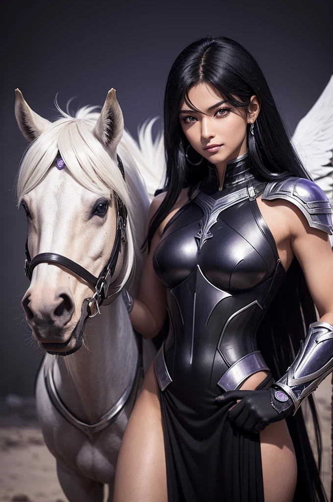 female pegasus rider, Bblack hair, skin tanned, fierce gaze, mocking smile, violet eyes, arrogant pose, Knights of the Zodiac, saint seiya, ruins of Greece, dusk 