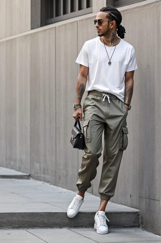 Imagine a modern and stylish outfit inspired by Lewis Hamilton. You are wearing an Oversized gray round neck short sleeve t-shirt, providing a minimalist and sophisticated touch. The t-shirt combines perfectly with long khaki cargo pants and joggers, adding a casual but stylized air to the look. On your feet, you wear white Air Force One sneakers, which complete the outfit with a touch of freshness and comfort.