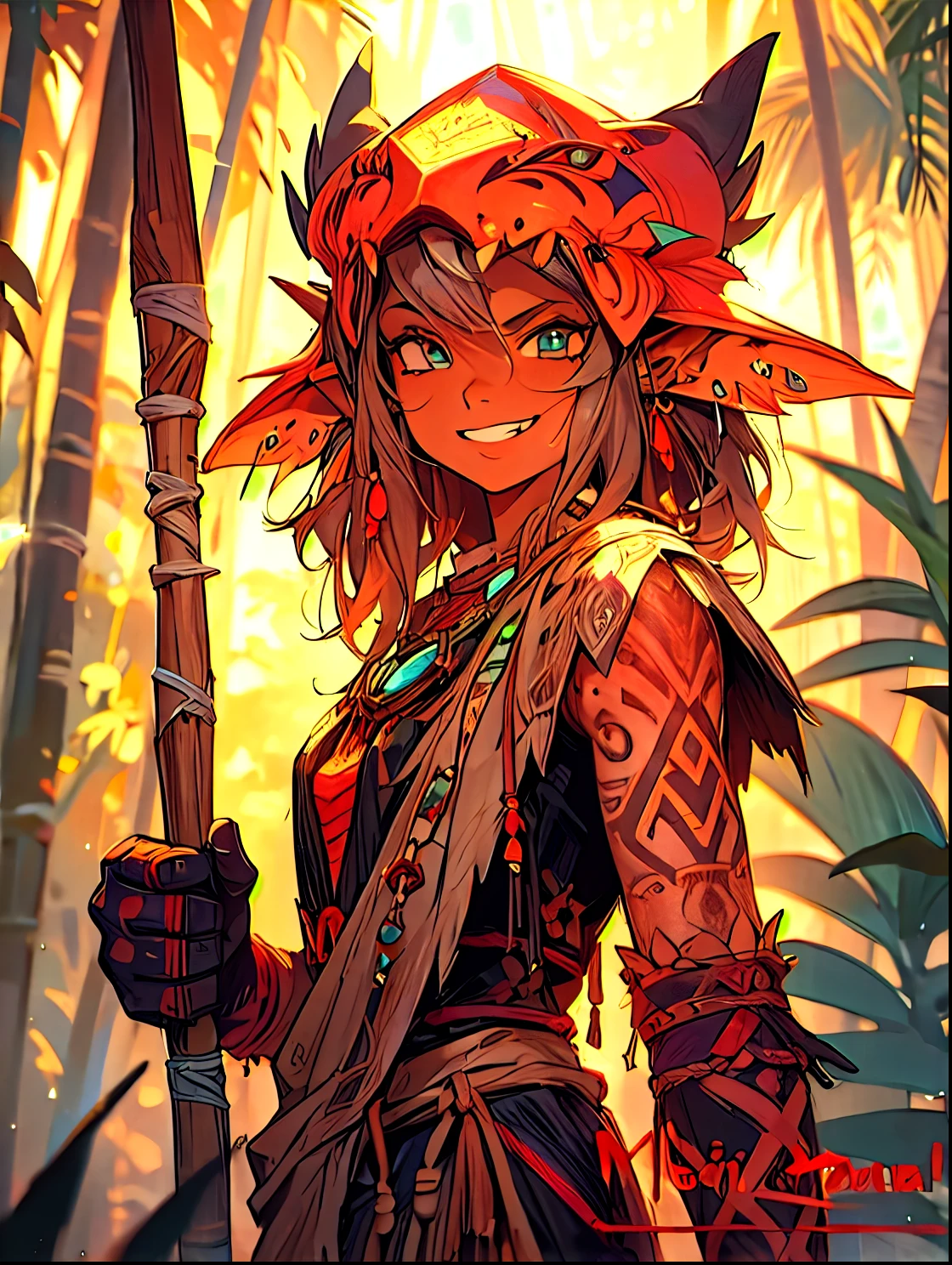 Elf, tanned skin, tattooed hand, full height
