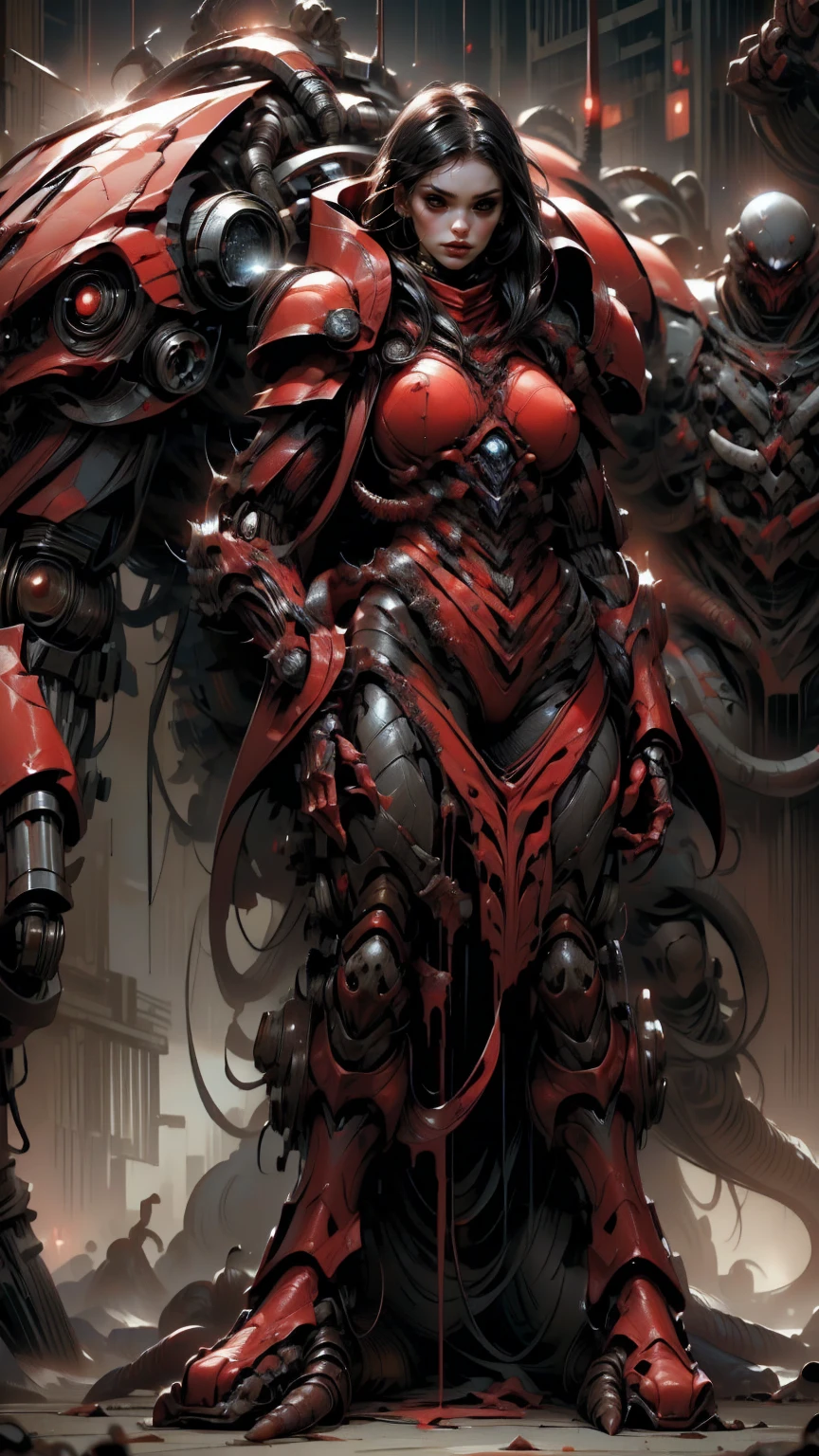 Megan fox as armored carnage, (red carnage skinless muscular bio-mecha armor:1.25), (mouth wide open, carnage style:1.25), (full body view:1.25), Realistic, Very detailed face and eyes, (masterpiece:1.1), (beautiful girl face:1.45)