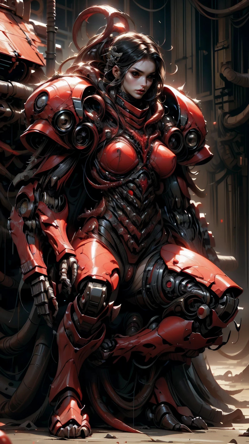 Megan fox as armored carnage, (red carnage skinless muscular bio-mecha armor:1.25), (mouth wide open, carnage style:1.25), (full body view:1.25), Realistic, Very detailed face and eyes, (masterpiece:1.1), (beautiful girl face:1.45)