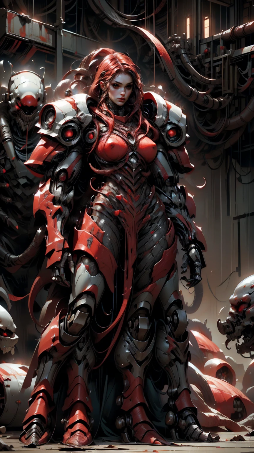 Megan fox as armored carnage, (red carnage skinless muscular bio-mecha armor:1.25), (mouth wide open, carnage style:1.25), (full body view:1.25), Realistic, Very detailed face and eyes, (masterpiece:1.1), (beautiful girl face:1.45)