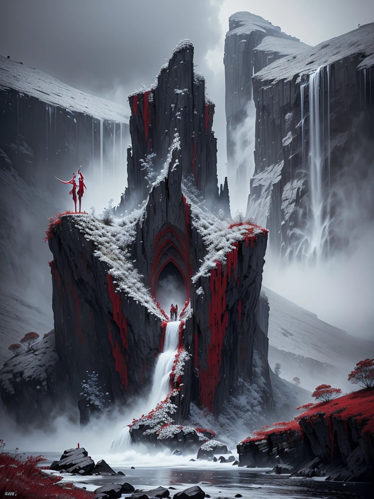 black and white and blue and red,(best quality, ultra-detailed, high resolution, extremely detailed cg),wide shot,dead angels stand on cliff edge,she is very beautiful,she like blood and sea,bloody rain, mystical,fanatic, intricate, surreal,delicate