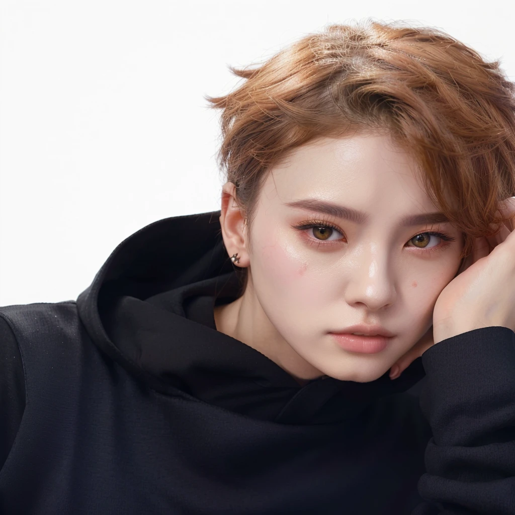 Arafed image of a woman wearing a black hoodie and a black shirt., kpop idol portrait, cai xukun, inspired by jeonseok lee, inspired by Yanjun Cheng, Jung Jaehyun, Jimin, close portrait, park Jimin, Yanjun Chengt, key still, hyung tae, anime key images., beautiful androgynous prince, closeup portrait