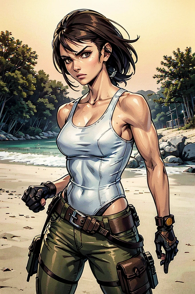 a military woman, well trained body, white sleeveless t-shirt, Exposed collarbone, beige leather shelter, blue pants, two leather belts with gun pockets, dark brown hair, carving, Brown eyes, hazel left eye, left eye with a scar, beach shore, at daytime, fighting position, fighting position taekwondo, staring menacingly at the viewer, sharp eyes, threatening expression looking at viewer, sparkling beach, palm trees around, In a post-apocalyptic environment, post - apocalyptic cowgirl, Post - Apocalyptic style, Post apocalyptic clothing, pose, post-apocalyptic, Postapocalyptic style, post apocalyptic grunge, Post - Apocalyptic Scavenger. (Ultra quality) 8k quality, detailed, perfect light, perfect angle, perfect sharpness.