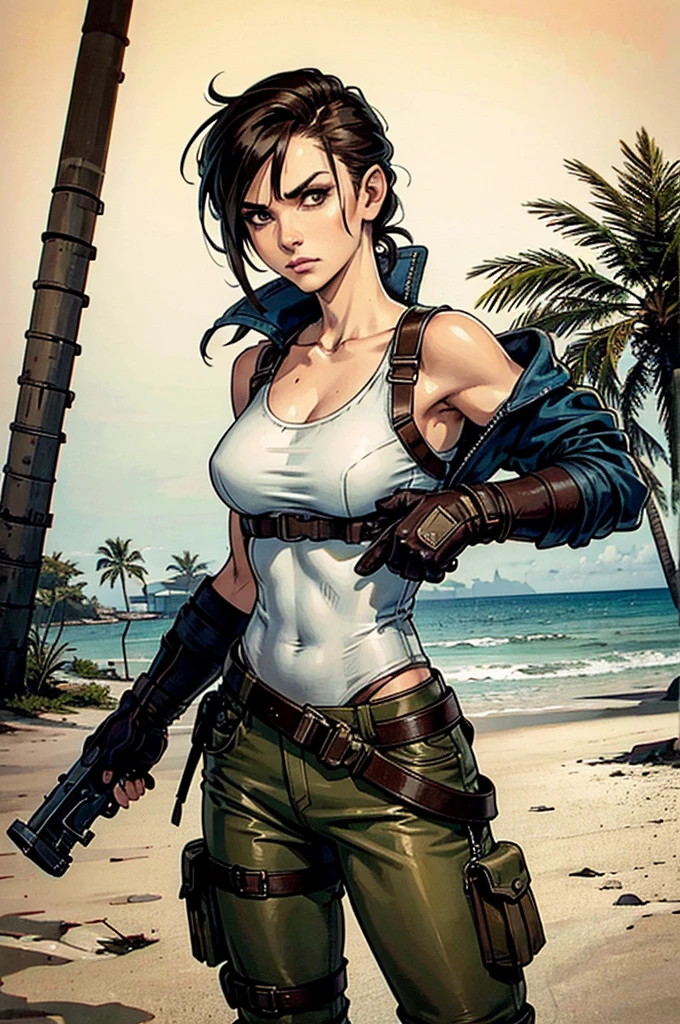 a military woman, well trained body, white sleeveless t-shirt, Exposed collarbone, beige leather shelter, blue pants, two leather belts with gun pockets, dark brown hair, carving, Brown eyes, hazel left eye, left eye with a scar, beach shore, at daytime, fighting position, fighting position taekwondo, staring menacingly at the viewer, sharp eyes, threatening expression looking at viewer, sparkling beach, palm trees around, In a post-apocalyptic environment, post - apocalyptic cowgirl, Post - Apocalyptic style, Post apocalyptic clothing, pose, post-apocalyptic, Postapocalyptic style, post apocalyptic grunge, Post - Apocalyptic Scavenger. (Ultra quality) 8k quality, detailed, perfect light, perfect angle, perfect sharpness.