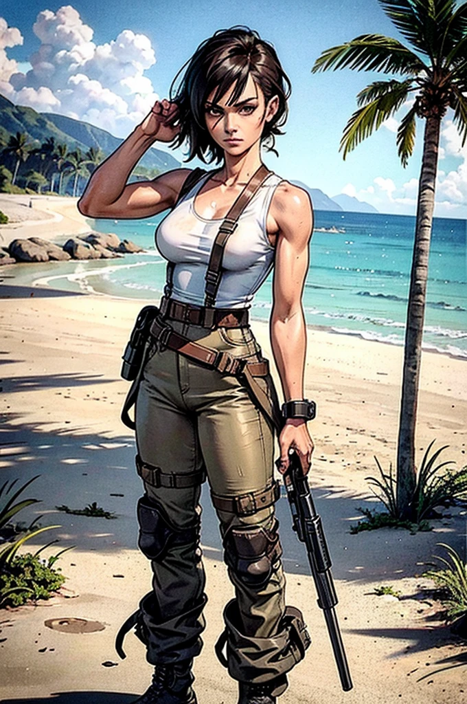 a military woman, well trained body, white sleeveless t-shirt, Exposed collarbone, beige leather shelter, blue pants, two leather belts with gun pockets, dark brown hair, carving, Brown eyes, hazel left eye, left eye with a scar, beach shore, at daytime, fighting position, fighting position taekwondo, staring menacingly at the viewer, sharp eyes, threatening expression looking at viewer, sparkling beach, palm trees around, In a post-apocalyptic environment, post - apocalyptic cowgirl, Post - Apocalyptic style, Post apocalyptic clothing, pose, post-apocalyptic, Postapocalyptic style, post apocalyptic grunge, Post - Apocalyptic Scavenger. (Ultra quality) 8k quality, detailed, perfect light, perfect angle, perfect sharpness.