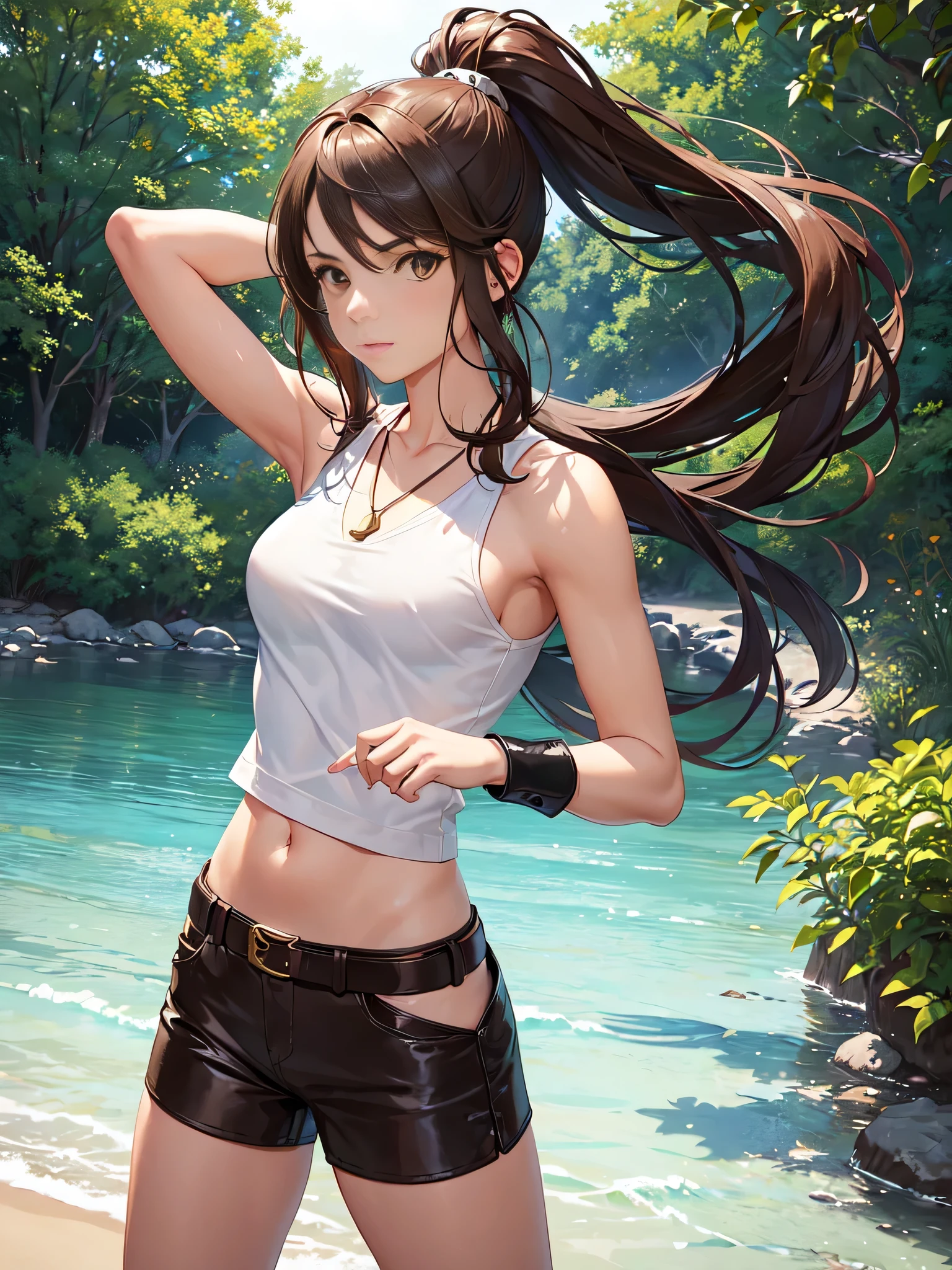 ((A girl , perfect body)), anime, 16-year-old girl with dark brown hair in a high ponytail, light brown eyes, and light, tanned skin. He wears a white shirt with a brown vest, brown shorts, and knee-high leather boots. He wears a leather belt with a dagger on his hip and a necklace with a green stone amulet. He is standing in a green field with a sword in his hand and a determined look on his face.,(all realistic intricate details)