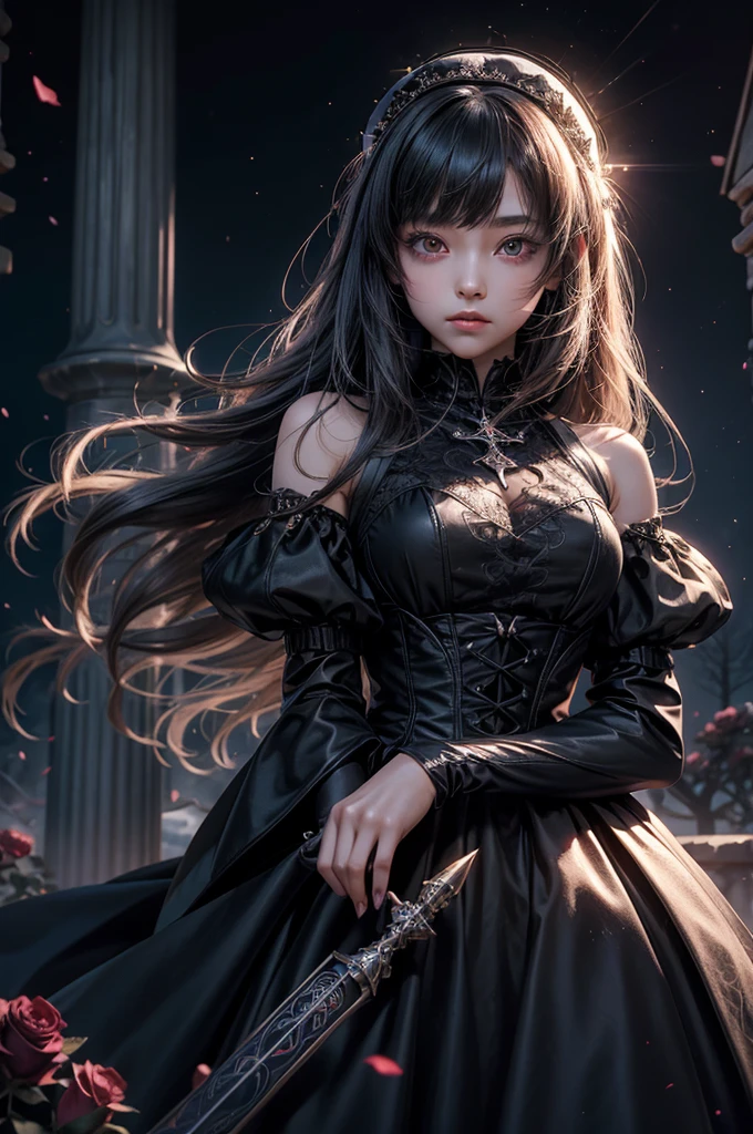 1 girl, expressionless, Japanese face, 16 years old, cute girl, have one's hair cut in a row and Hide your forehead with bangs and hairstyle with the bangs cut in half and Beautiful straight light gray long hair, beautiful red eyes, thin body, Half vampire, No muscles, Roses and Camellia, Moonlight and Castle, wizard, Big magic wand, gothic skirt, magical girl, little Medieval Dress, Princess Dresses, Big black hat, light particles, light sparkles, lens flare, Light particles, Magic light, strong light