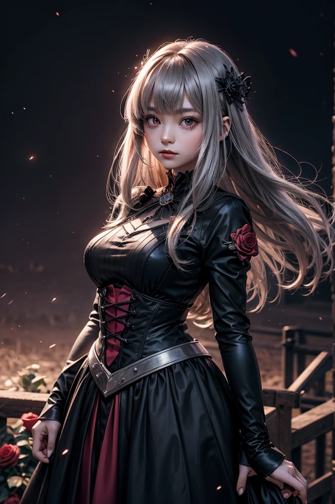 1 girl, expressionless, Japanese face, 16 years old, cute girl, have one's hair cut in a row and Hide your forehead with bangs and hairstyle with the bangs cut in half and Beautiful straight light gray long hair, beautiful red eyes, thin body, Half vampire, No muscles, Roses and Camellia, Moonlight and Castle, wizard, Big magic wand, gothic skirt, magical girl, little Medieval Dress, Princess Dresses, Big black hat, light particles, light sparkles, lens flare, Light particles, Magic light, strong light