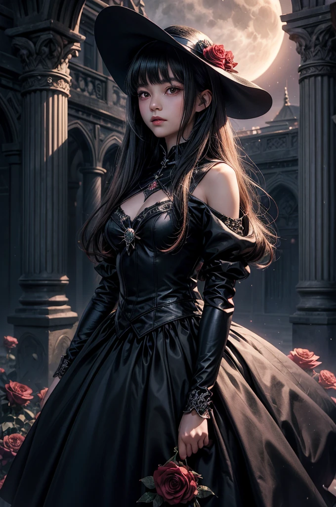 1 girl, expressionless, Japanese face, , cute girl, have one's hair cut in a row and Hide your forehead with bangs and hairstyle with the bangs cut in half and Beautiful straight light gray long hair, beautiful red eyes, thin body, Half vampire, No muscles, Roses and Camellia, Moonlight and Castle, wizard, Big magic wand, gothic skirt, magical girl, little Medieval Dress, Princess Dresses, Big black hat, light particles, light sparkles, lens flare, Light particles, Magic light, strong light