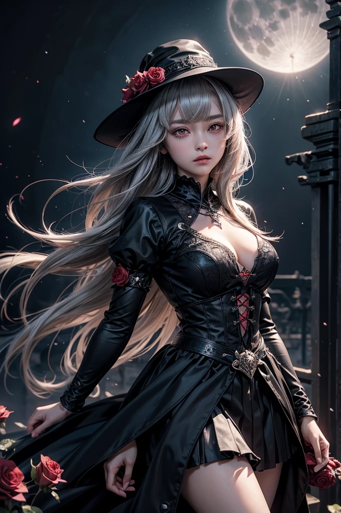1 girl, expressionless, Japanese face, 16 years old, cute girl, have one's hair cut in a row and Hide your forehead with bangs and hairstyle with the bangs cut in half and Beautiful straight light gray long hair, beautiful red eyes, thin body, Half vampire, No muscles, Roses and Camellia, Moonlight and Castle, wizard, Big magic wand, gothic skirt, magical girl, little Medieval Dress, Princess Dresses, Big black hat, light particles, light sparkles, lens flare, Light particles, Magic light, strong light