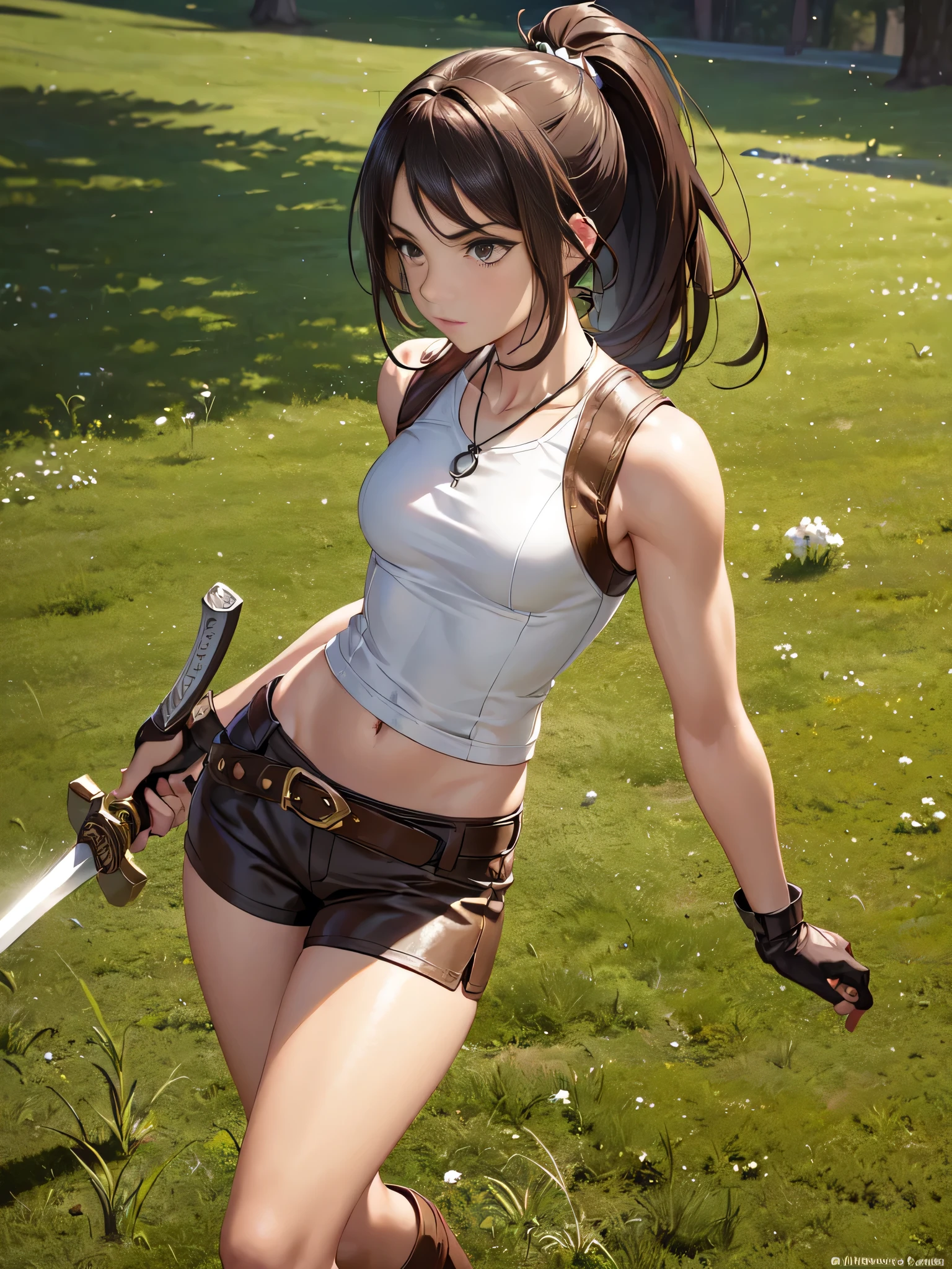 ((A girl , perfect body)), anime, 16-year-old girl with dark brown hair in a high ponytail, light brown eyes, and light, tanned skin. He wears a white shirt with a brown vest, brown shorts, and knee-high leather boots. He wears a leather belt with a dagger on his hip and a necklace with a green stone amulet. He is standing in a green field with a sword in his hand and a determined look on his face.,(all realistic intricate details)