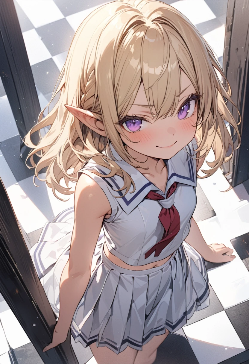 ((Masterpiece)), ((best quality)), (ultra-detailed), ((kawaii)), ((extremely detailed)), 4K, (8K), (super detail:1.2),(High Definition:1.3), (Professional Photography:1.2), from above, (wide shot), cinematic lighting, (sharp focus), (perfect light), ((1girl)), ((12 years old)), cute young girl, (very smug), (Beautiful purple eyes:1.2), (dark skin), elf girl, (small chest), (Embroidered cute school uniform)), (bare arms), cute navel, (Healthy slim body), (long bangs), silky and straight hair, (medium hair), ((beautiful blond hair)), BREAK, ((best quality)), ((extremely detailed)), (lie on your back), (Checkerboard check Pattern Background:1.3), Checkerboard check floor,