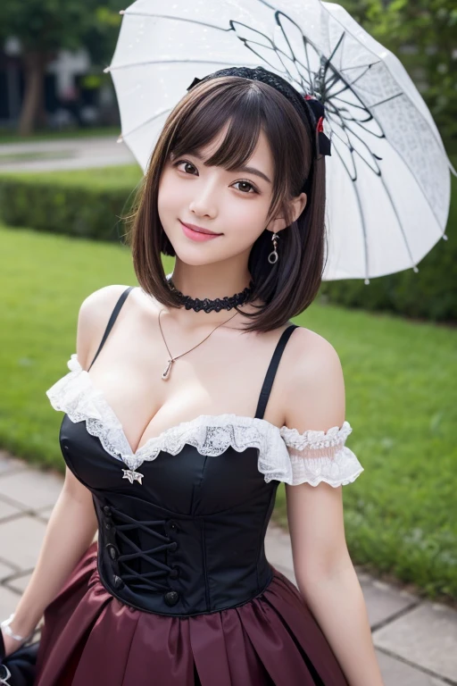 girl, White skin, ((Dark brown short tiered hair)), V cut with layers and bangs, Brown eyes, Soft atmosphere characteristics (Highest quality, Ultra-high resolution, 8K, RAW Photos, Ultra-high resolution: 1.2, masterpiece: 1.3), (Realistic, Realistic: 1.37), Very detailed, Professional Lighting, Photon Mapping, Radio City, Physically Based Rendering, One Girl, (high school girl), Sharp focus:1.2、Beautiful woman:1.4,cute, Nice, Adorable, smile, Normal chest, necklace、(Cleavage)、Gothic ta Fashion、Earrings、Belly button、Red Gothic Loliutfit、garden、grass、Fluffy skirt、squirt、Selfie、Walking down the street with a parasol、An umbrella with frills、歯を見せsmile
