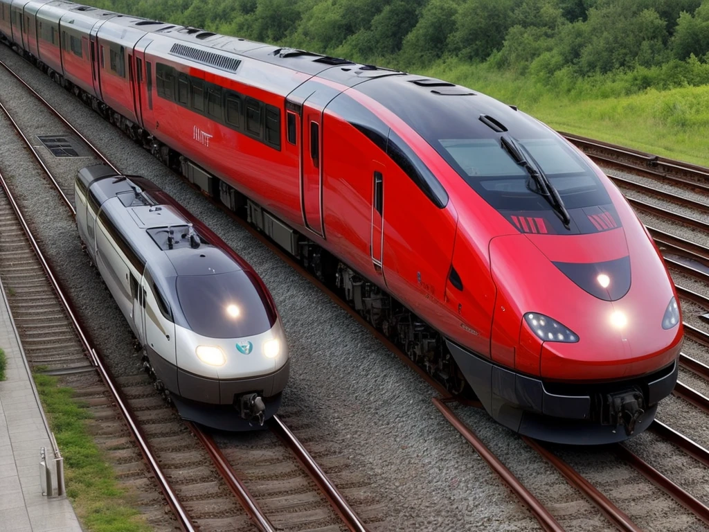 a modern train rushes along the rails with an image of a heart on the carriages and on the locomotive