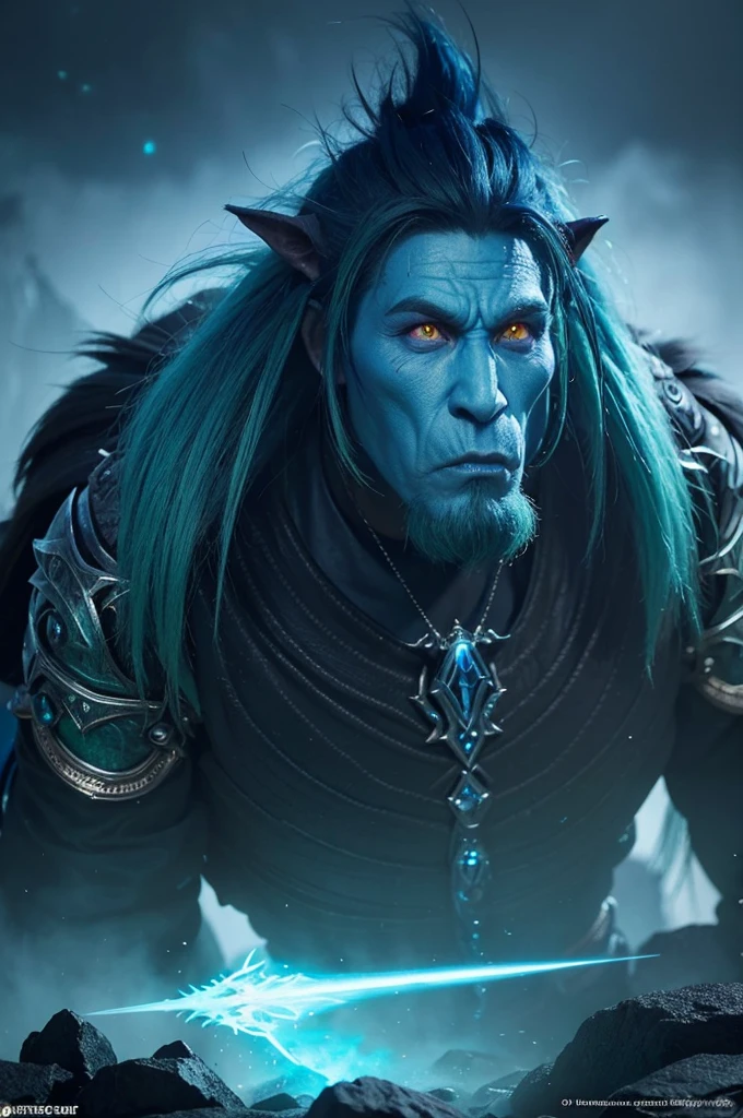 mage troll world of warcraft, blue-skinned troll character, green mohawk hair, glowing eyes, magical staff, fantasy character, detailed facial features, detailed textures, dramatic lighting, vibrant colors, dark moody atmosphere, intricate character design, epic fantasy scene, digital art, highly detailed, 8k, photorealistic.