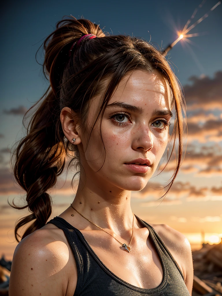 This ((ultra_realistic)) art prompt features a woman in a tank top, medium breast, styled in a post-apocalyptic setting. Her face, gritty yet beautiful, perfectly encapsulates the resilience and determination of a survivor. Her piercing gaze, full of strength and intelligence, is accentuated by well-defined eyebrows. Her nose, straight and refined, adds a regal touch to her countenance. Her lips, captivating yet stoic, tell a story of survival and hope. Her hair, a striking shade of burgundy, is pulled back into a high, tight ponytail, a practical and stylish choice for the harsh world she navigates. The symbols ((💥)) representing the chaotic world around her, and ((🔫)), indicating her weapon of choice, are skillfully incorporated into the artwork's background. This ((post-apocalyptic_style:gritty_and_powerful)) piece underscores the strength and determination of the female survivor, with an emphasis on her resilient and captivating facial features