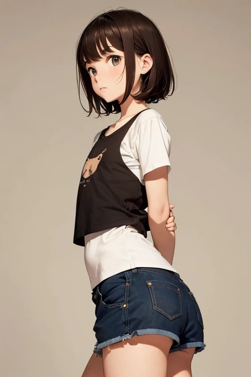 masterpiece, highest quality，Cute doodles，One Girl，Brown Hair，short hair，Thick eyebrows，Girl wearing short shorts，Very short stature，Flat Chest，Small Ass，Thin thighs，Cat，Open Fly，From side