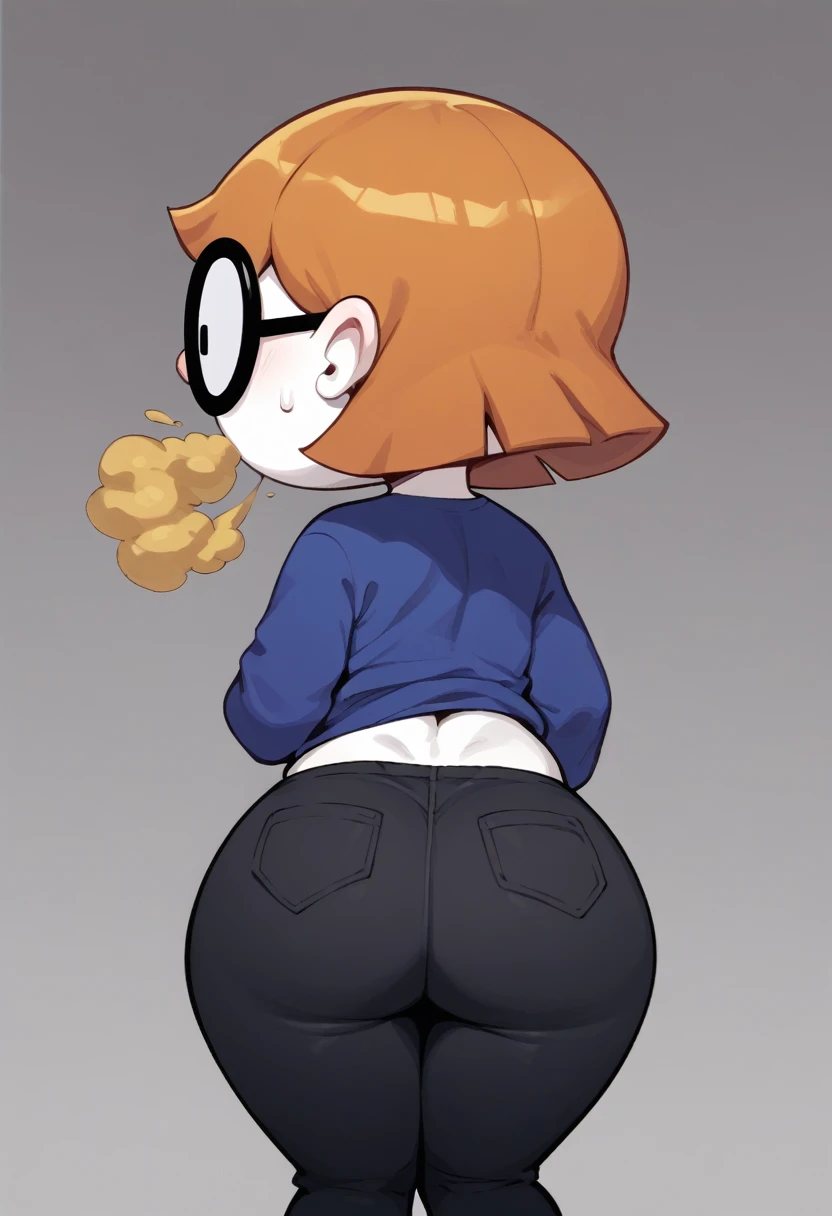 illymation, orange, hair, round black glasses, white skin, shortstack, blue shirt, black pants, short hair, back view, farting, yellow gas, pooping, sitting on toilet, gassy, fart, pants pulled off, cartoon style