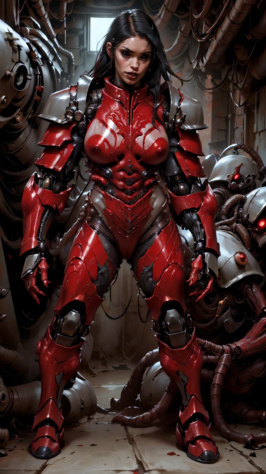 Megan fox as armored carnage, (red carnage skinless muscular bio-mecha armor:1.25), (mouth wide open, carnage style:1.25), (full body view:1.25), Realistic, Very detailed face and eyes, (masterpiece:1.1),