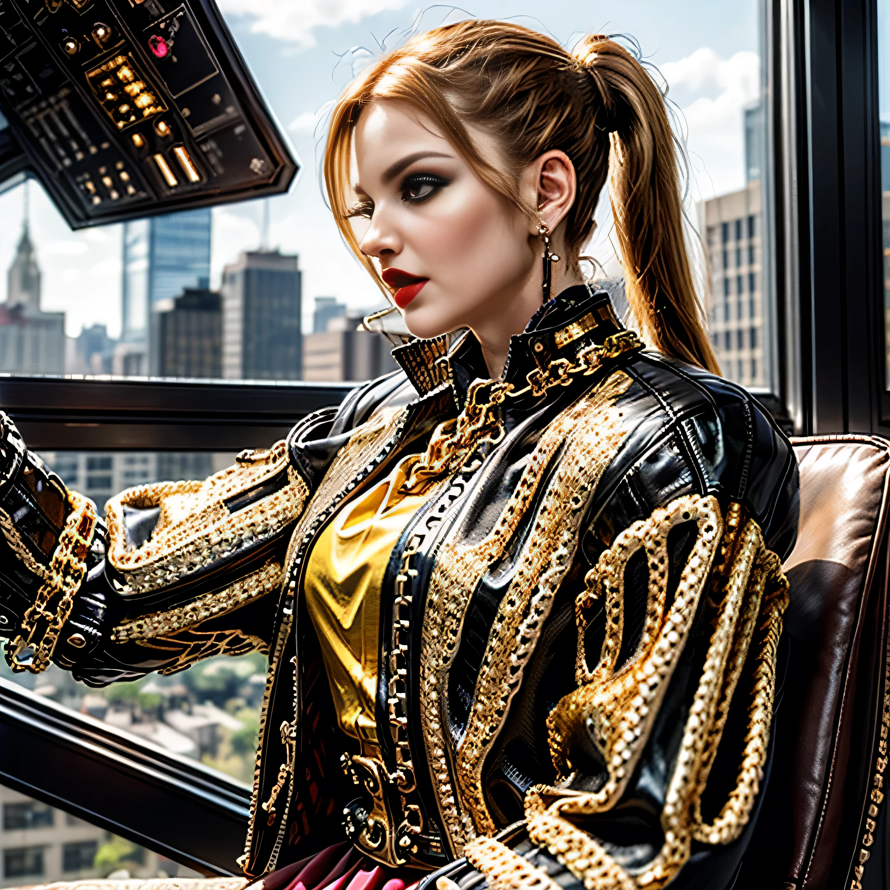 ((masterpiece, photorealistic:1.4, extremely intricate:1.3, photon mapping, radiosity, physically based rendering, ultra resolution, hyper-realistic, photorealistic:1.4, hyper-realistic, 8K)), ((((athletic female, long pigtails [blonde hair:bright ginger hair:0.4], (([flat chest:medium breasts:0.8], upper body)), ((makeup:1.6, perfectchainmail, gold black jacket), red lips, bright sunlight, silk shirt, [front view:side view:0.2]))))), outdoors, metal reflections, professional photograph, soft focus, dramatic, award winning, cinematic lighting, volumetrics dtx, (film grain, blurry background, blurry foreground, bokeh, depth of field), BREAK; BREAK, (((steampunk mecha ((machine steampunk cockpit yolk)), looking down on city skyline, sitting in a black leather chair, dials, switches)))
