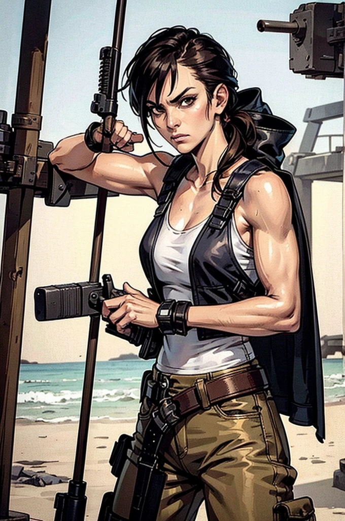 a military woman, well trained body, white sleeveless t-shirt, Exposed collarbone, beige leather shelter, blue pants, two leather belts with gun pockets, dark brown hair, carving, Brown eyes, hazel left eye, left eye with a scar, beach shore, at daytime, fighting position, fighting position taekwondo, hands clenched into fists, at the level of your chin, annoyed, staring menacingly at the viewer, sharp eyes, threatening expression looking at viewer, sparkling beach, palm trees around, In a post-apocalyptic environment, post - apocalyptic cowgirl, Post - Apocalyptic style, Post apocalyptic clothing, pose, post-apocalyptic, Postapocalyptic style, post apocalyptic grunge, Post - Apocalyptic Scavenger. (Ultra quality) 8k quality, detailed, perfect light, perfect angle, perfect sharpness.