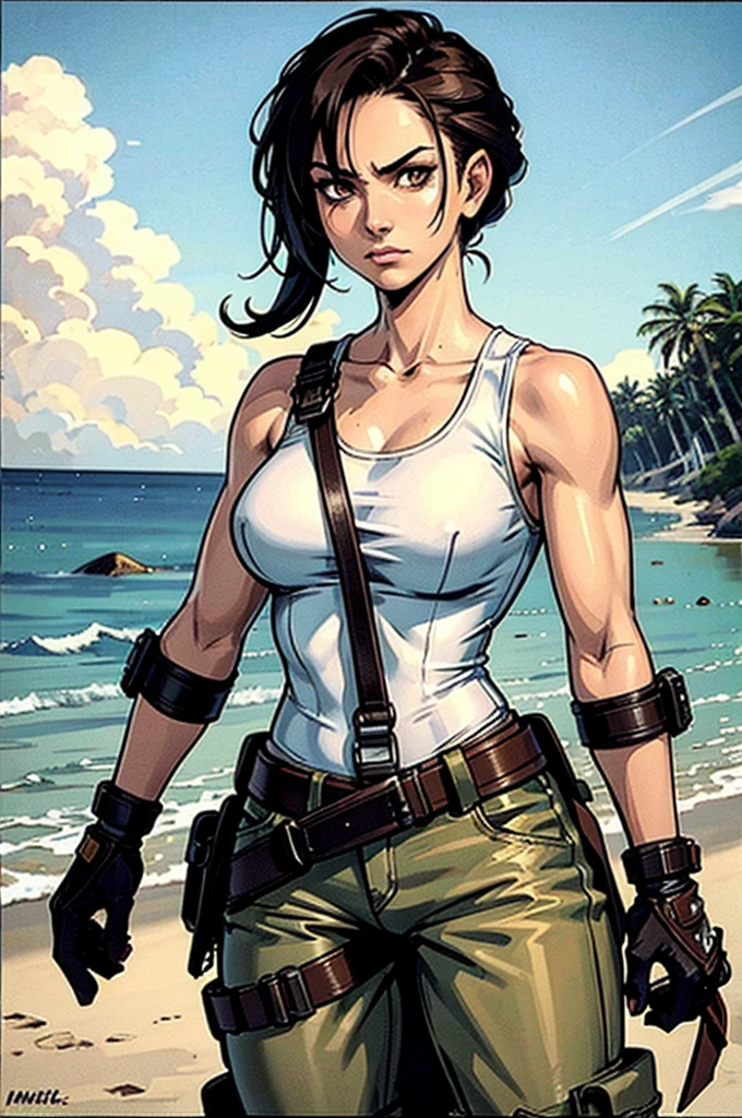 a military woman, well trained body, white sleeveless t-shirt, Exposed collarbone, beige leather shelter, blue pants, two leather belts with gun pockets, dark brown hair, carving, Brown eyes, hazel left eye, left eye with a scar, beach shore, at daytime, fighting position, fighting position taekwondo, hands clenched into fists, at the level of your chin, annoyed, staring menacingly at the viewer, sharp eyes, threatening expression looking at viewer, sparkling beach, palm trees around, In a post-apocalyptic environment, post - apocalyptic cowgirl, Post - Apocalyptic style, Post apocalyptic clothing, pose, post-apocalyptic, Postapocalyptic style, post apocalyptic grunge, Post - Apocalyptic Scavenger. (Ultra quality) 8k quality, detailed, perfect light, perfect angle, perfect sharpness.