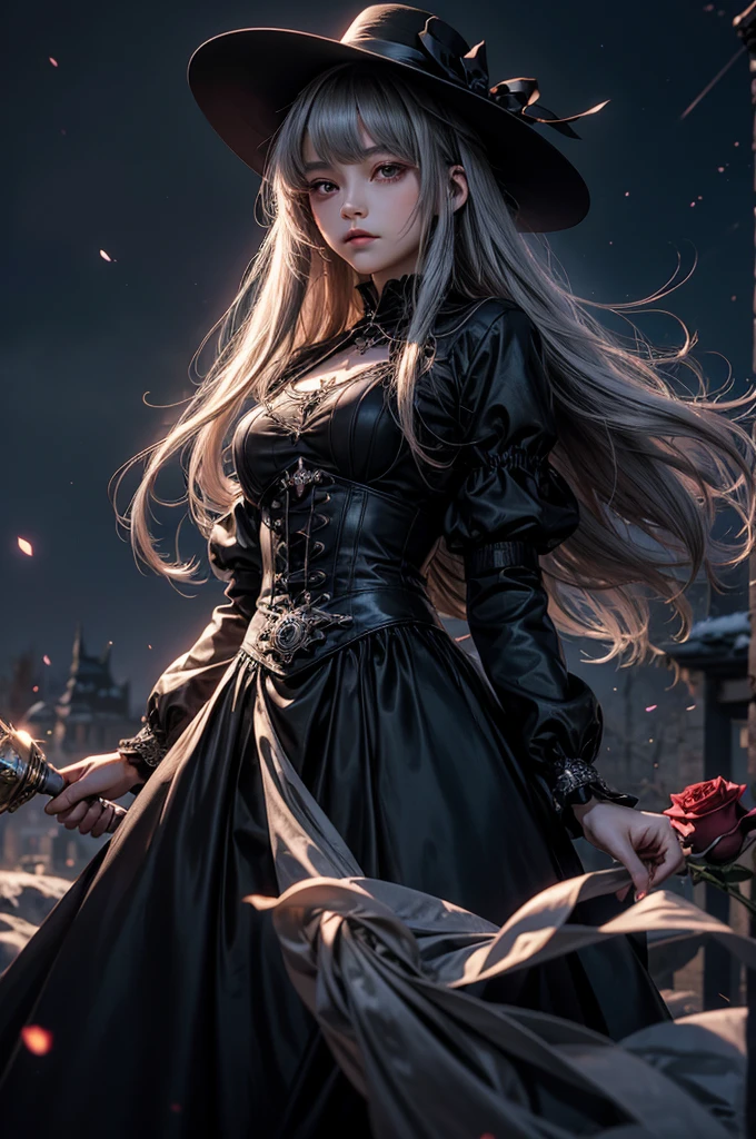 1 girl, expressionless, Japanese face, , cute girl, have one's hair cut in a row and Hide your forehead with bangs and hairstyle with the bangs cut in half and Beautiful straight light gray long hair, beautiful red eyes, skinny body, Half vampire, No muscles, Roses and Camellia, Moonlight and Castle, wizard, Big magic wand, gothic skirt, magical girl, little Medieval Dress, Princess Dresses, Big black hat, light particles, light sparkles, lens flare, Light particles, Magic light, strong light