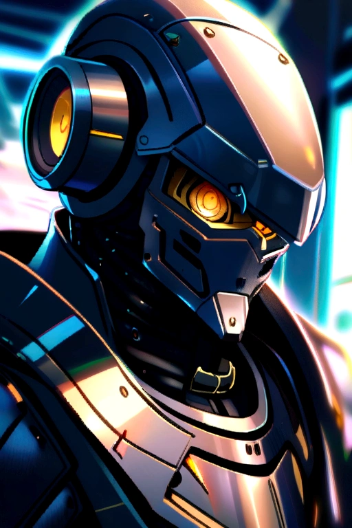 A man in a robot helmet and iron armor