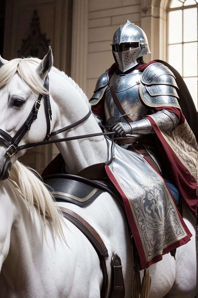 non-existent knight, with shining and empty armor, plume on helmet, mounted on a white horse