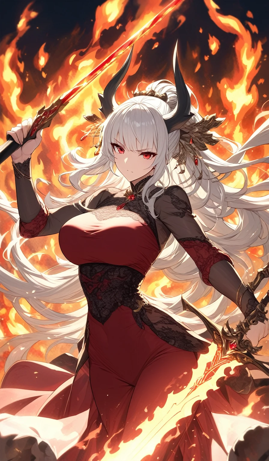 A masterpiece, very detailed, ultra detailed, one, (1 woman), athletic body, six press packs, she is in a ballroom lace red dress with bright gold details, with a fiery sword in her hand and in a standing and fighting position, super mature, tall, milf-style, mature mother, long hair, bright white hair and wild bangs and tied hair, white demonic horns, beautiful, charming, bright blood-red eyes, elegant, large breasts, neutral face, calm face, charming, against the background of fire, flame and lava.