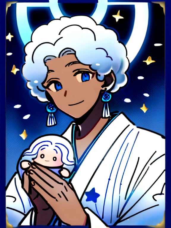 A dark-skinned man with very happy blue eyes, with short, fluffy hair with some navy blue strands, wears a white yukata with a baby blue star print and bells as accessories, She also has some Japanese earrings that are like a circle and at the bottom they have a blue thread border., He wears two light blue halos and six blue angel wings.