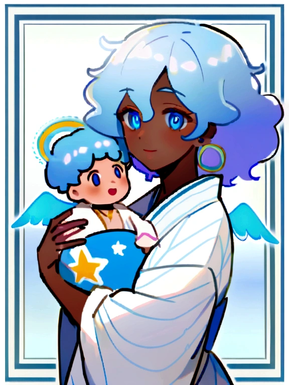 A dark-skinned man with very happy blue eyes, with short, fluffy hair with some navy blue strands, wears a white yukata with a baby blue star print and bells as accessories, She also has some Japanese earrings that are like a circle and at the bottom they have a blue thread border., He wears two light blue halos and six blue angel wings.