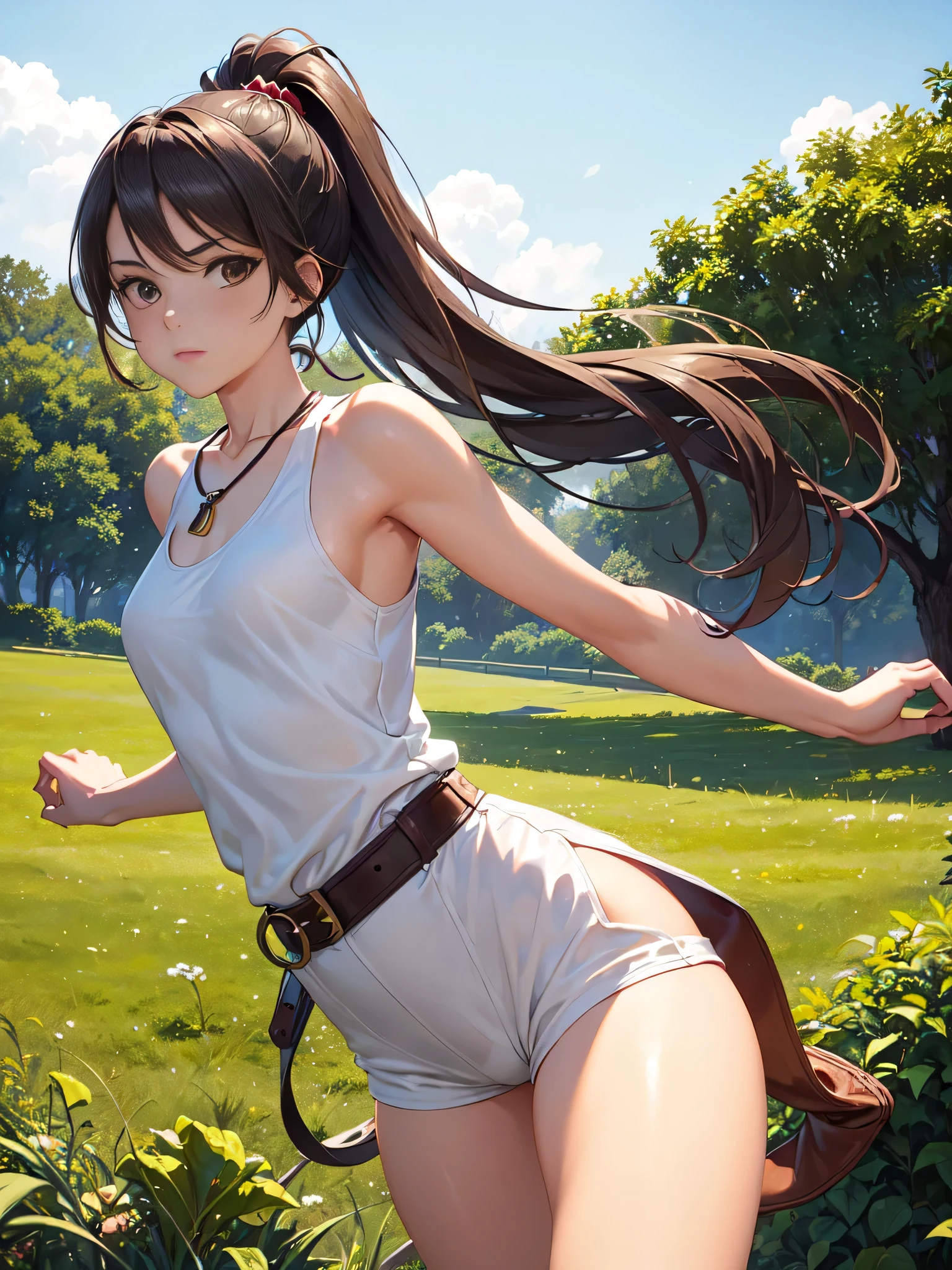 ((A girl , perfect body)), anime, 16-year-old girl with dark brown hair in a high ponytail, light brown eyes, and light, tanned skin. He wears a white shirt with a brown vest, brown shorts, and knee-high leather boots. He wears a leather belt with a dagger on his hip and a necklace with a green stone amulet, wide neckline. He is standing in a green field with a sword in his hand and a determined look on his face.,(all realistic intricate details)