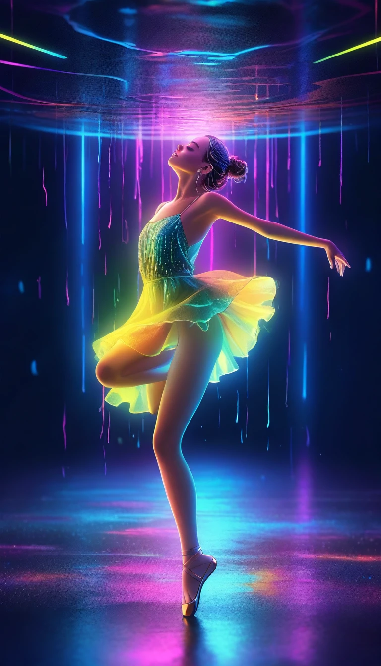design a rfktrstyle girl dancing in big neon raindrops, beautiful detailed eyes, beautiful detailed lips, extremely detailed eyes and face, long eyelashes, elegant ballet dancer, graceful flowing movements, dynamic pose, neon lights, vibrant colors, glowing neon raindrops, cinematic lighting, surreal fantasy, digital art, 8k, high quality, masterpiece, photorealistic